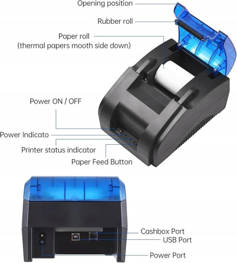 Drukarka Paragonów Termiczna Bezprzewodowa 58 mm USB/Bluetooth + rolka