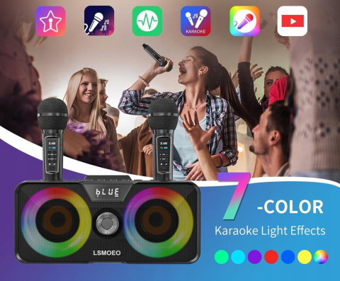 Maszyna do karaoke LED 7 kolorów Przenośny głośnik Bluetooth 2 mikrofony