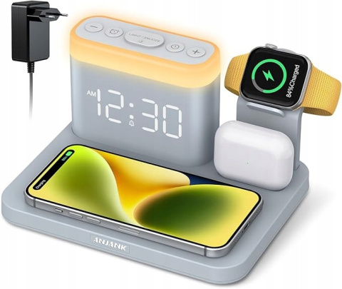 Bezprzewodowa Stacja Ładująca 5w1 do iPhone Apple Watch Budzik Lampka Nocna Bezprzewodowa Stacja Ładująca 5w1 do iPhone Apple Watch Budzik Lampka Nocna