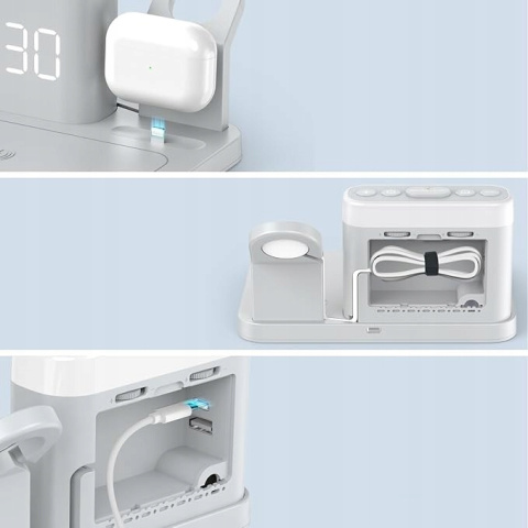 Bezprzewodowa Stacja Ładująca 5w1 do iPhone Apple Watch Budzik Lampka Nocna Bezprzewodowa Stacja Ładująca 5w1 do iPhone Apple Watch Budzik Lampka Nocna