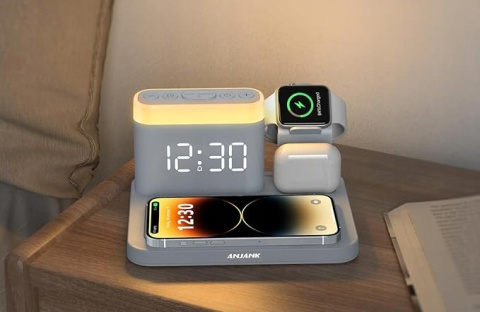 Bezprzewodowa Stacja Ładująca 5w1 do iPhone Apple Watch Budzik Lampka Nocna Bezprzewodowa Stacja Ładująca 5w1 do iPhone Apple Watch Budzik Lampka Nocna