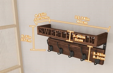 Drewniana Półka z 5 haczykami na klucze Dekoracyjny Wieszak z uchwytami
