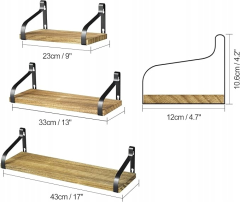Drewniane Półki wiszące Dekoracyjne Półki Ścienne Rustykalne - Zestaw 3szt.