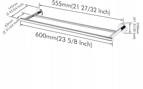 Podwójny Wieszak Łazienkowy na ręczniki 60cm Uchwyt ze Stali nierdzewnej