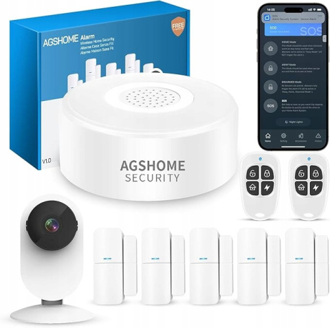 System alarmowy WiFi z Kamerą i aplikacją na telefon AGSHOME 9 elementów System alarmowy WiFi z Kamerą i aplikacją na telefon AGSHOME 9 elementów