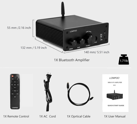 Mini Wzmacniacz HiFi 200W LONPOO Bluetooth 5.3, USB, AUX, pilot (AMP-615B)