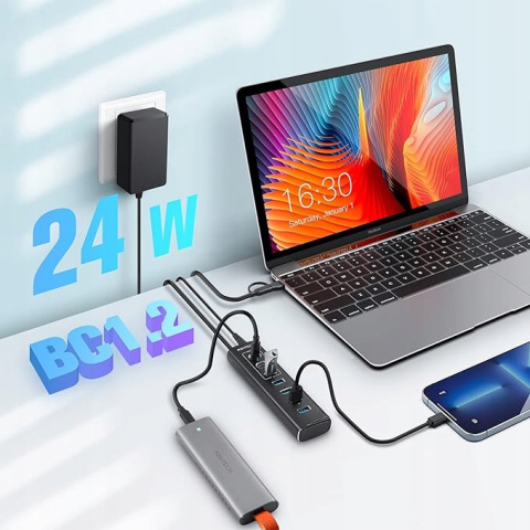 RSHTECH 7-portowy HUB USB C 3.2 z zasilaczem 24W 10Gbps Aluminiowa obudowa