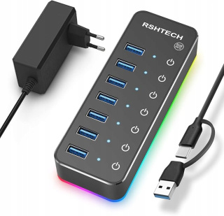 RSHTECH 7-portowy Hub USB 3.0 RGB Koncentrator USB Dotykowy przełącznik