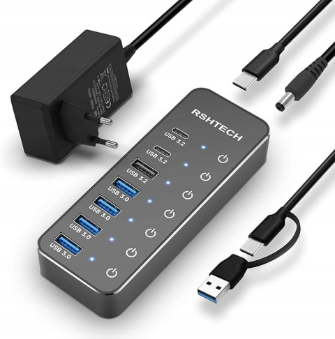 RSHTECH USB Hub 7-portowy 3x USB-C 10Gbps 4x USB-A Dotykowy przełącznik