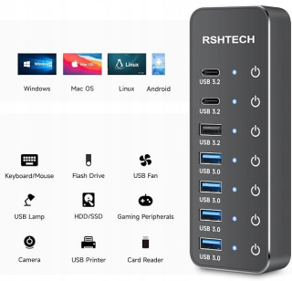 RSHTECH USB Hub 7-portowy 3x USB-C 10Gbps 4x USB-A Dotykowy przełącznik