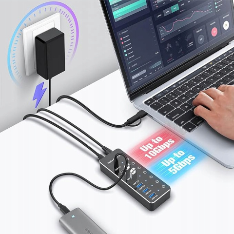 RSHTECH USB Hub 7-portowy 3x USB-C 10Gbps 4x USB-A Dotykowy przełącznik