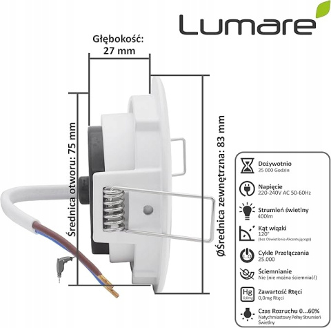 Lumare Reflektor LED wpuszczany do zabudowy 4W 2700K 400lm