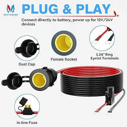 MICTUNING 12 V/24 V kabel przedłużający z gniazdem zapalniczki