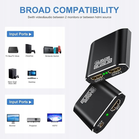 Rozdzielacz HDMI 1 in 2 out HDMI - 4K 2-drożny, idealny do gier