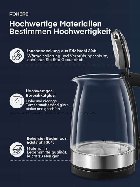 Fohere Czajnik elektryczny - szklany, 5 opcji temperatury (50°C - 100°C)