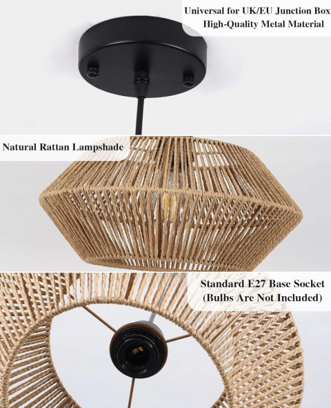 MRHYSWD Boho Rattan Wisząca lampa Wiklinowe żyrandole sufitowe do salonu