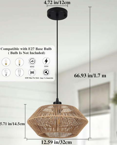 MRHYSWD Boho Rattan Wisząca lampa Wiklinowe żyrandole sufitowe do salonu