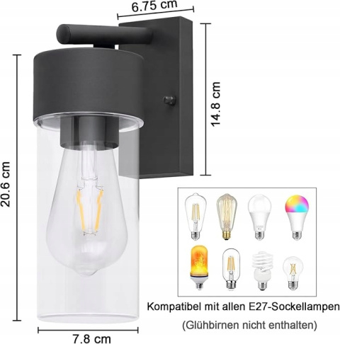 Kinkiet zewnętrzny Czarny LED E27 Lampa ogrodowa Ścienna