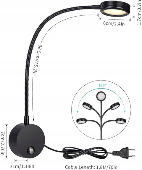 Lampa ścienna LED Kinkiet do czytania z regulacją barwy 3000-6000K USB