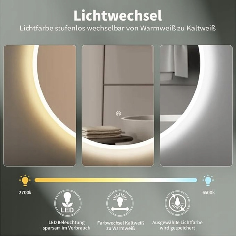 Lustro Łazienkowe LED Duże Okrągłe 60 cm z włącznikiem dotykowym 2700-6500K