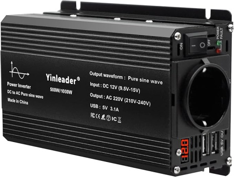 Przetwornica napięcia Inwerter 500W/1000 W DC 12V - 230 V AC 2 USB z LED Przetwornica napięcia Inwerter 500W/1000 W DC 12V - 230 V AC 2 USB z LED