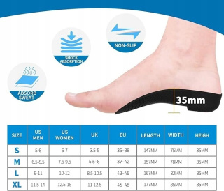 Wkładki ortopedyczne QBK 3/4 do butów z Wysokim Łukiem Leczenie bólu 35-38