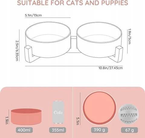 Podwójna miska ceram z bambusowym stojakiem dla kotów i psów 400 ml różowa