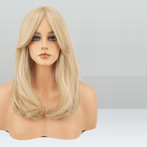 Peruka Blond z Grzywką 45cm Syntetyczne Włosy Jasny Blond Długie Proste