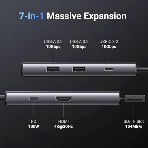 Adapter 7w1 UGREEN Hub USB do 2x USB-A 3.2, USB-C 3.2, SD/TF, PD