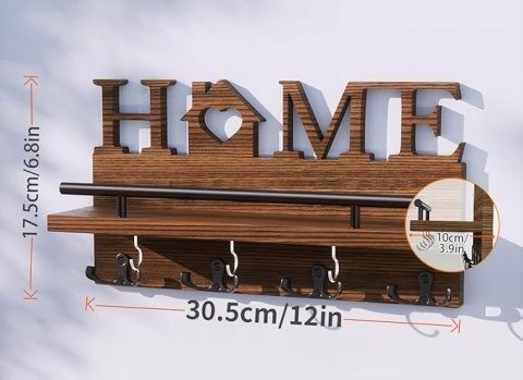 Drewniana Półka z Uchwytami na klucze HOME - Wieszak Ścienny z haczykami Drewniana Półka z Uchwytami na klucze HOME - Wieszak Ścienny z haczykami