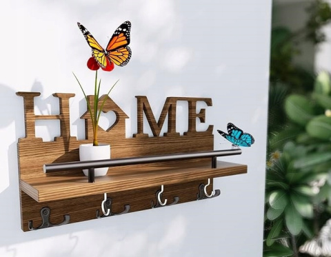 Drewniana Półka z Uchwytami na klucze HOME - Wieszak Ścienny z haczykami Drewniana Półka z Uchwytami na klucze HOME - Wieszak Ścienny z haczykami