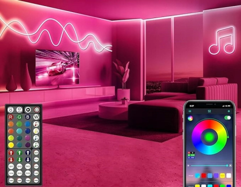 Taśma LED RGB Wielokolorowa 36m Neonowa z Kontrolą Aplikacją/Pilotem Taśma LED RGB Wielokolorowa 36m Neonowa z Kontrolą Aplikacją/Pilotem