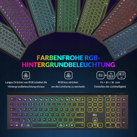 Klawiatura bezprzewodowa RII DE RK801 QWERTZ Bluetooth USB z podświetleniem Klawiatura bezprzewodowa RII DE RK801 QWERTZ Bluetooth USB z podświetleniem
