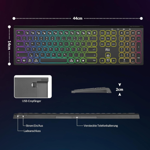 Klawiatura bezprzewodowa RII DE RK801 QWERTZ Bluetooth USB z podświetleniem Klawiatura bezprzewodowa RII DE RK801 QWERTZ Bluetooth USB z podświetleniem