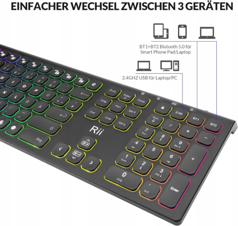 Klawiatura bezprzewodowa RII DE RK801 QWERTZ Bluetooth USB z podświetleniem Klawiatura bezprzewodowa RII DE RK801 QWERTZ Bluetooth USB z podświetleniem