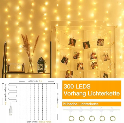 Ollny Kurtyna świetlna z 300 diodami LED, drut miedziany, ciepła biel Ollny Kurtyna świetlna z 300 diodami LED, drut miedziany, ciepła biel