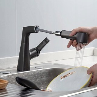 Bateria Kuchenna z Wyciąganą Wylewką 2 Tryby Obrotowa 360° Mosiądz Czarna
