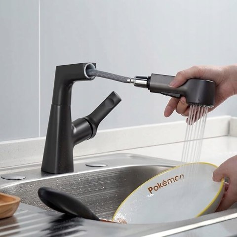 Bateria Kuchenna z Wyciąganą Wylewką 2 Tryby Obrotowa 360° Mosiądz Czarna Bateria Kuchenna z Wyciąganą Wylewką 2 Tryby Obrotowa 360° Mosiądz Czarna