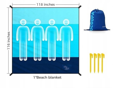 Duży Koc Plażowy Piknikowy 300 x 280 cm Wodoodporny Lekki + Kołki i Torba Duży Koc Plażowy Piknikowy 300 x 280 cm Wodoodporny Lekki + Kołki i Torba