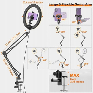 Lampa pierścieniowa LED Biurkowa 10'' z Statywem na Telefon 3 Tryby Kolorów