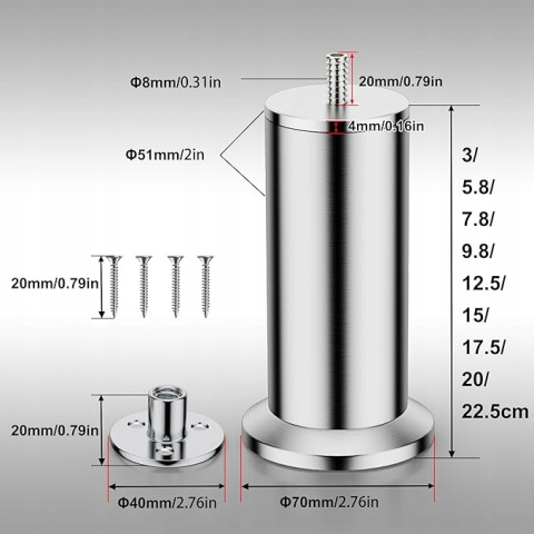Nóżki meblowe ze Stali Nierdzewnej 17,5cm Śruby M8 do Sofy Kanapy - 4szt.