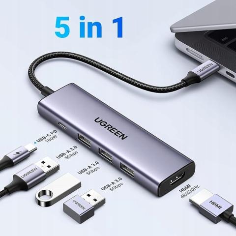 WIELOFUNKCYJNY HUB 5W1 USB-C HDMI USB-A 100W UGREEN