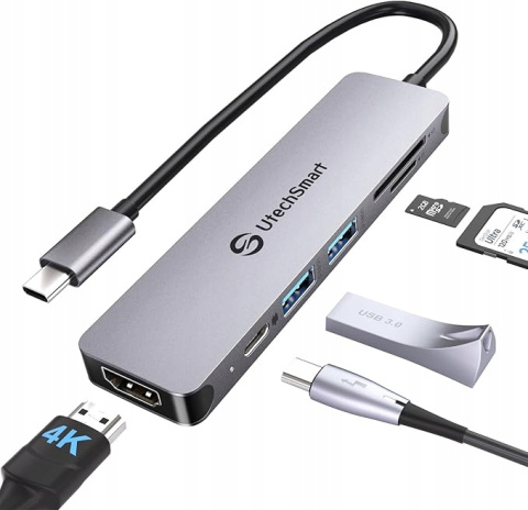 Adapter USB C Hub 6 portów - HDMI, USB 3.0, PD, SD/TF MacBook Dell HP