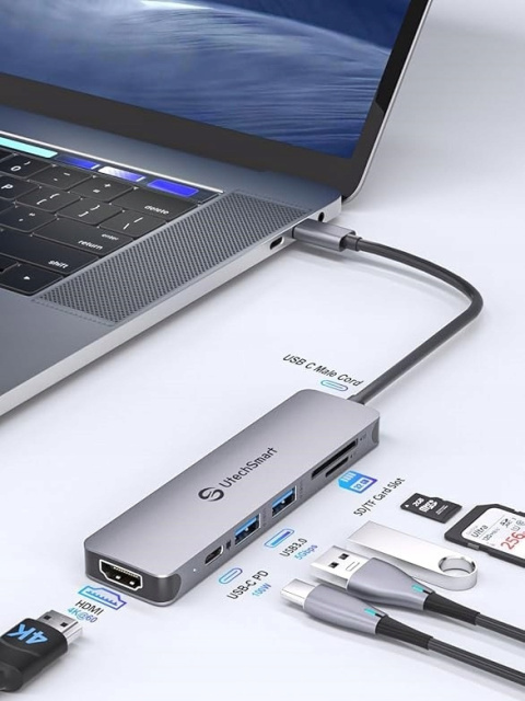 Adapter USB C Hub 6 portów - HDMI, USB 3.0, PD, SD/TF MacBook Dell HP