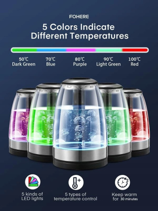 Fohere Czajnik elektryczny - szklany, 5 opcji temperatury (50°C - 100°C)