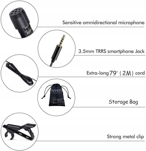 Mikrofon krawatowy z Klipsem do iPhone/Android Redukcja Szumów 2m Adapter