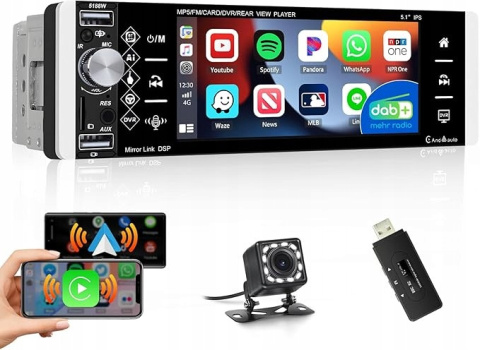 Radio samochodowe 1 Din DAB/DAB+ CarPlay 5" Bluetooth Kamera Cofania