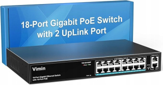 Switch PoE VIMIN 18-portowy Gigabit z 2 portami Uplink 250W VLAN Rackmount