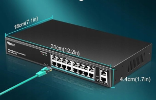 Switch PoE VIMIN 18-portowy Gigabit z 2 portami Uplink 250W VLAN Rackmount