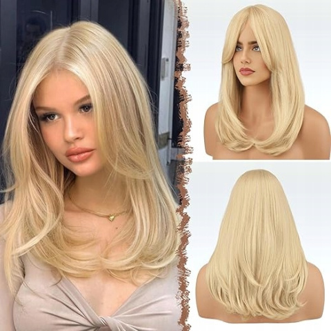 Peruka Blond z Grzywką 45cm Syntetyczne Włosy Jasny Blond Długie Proste